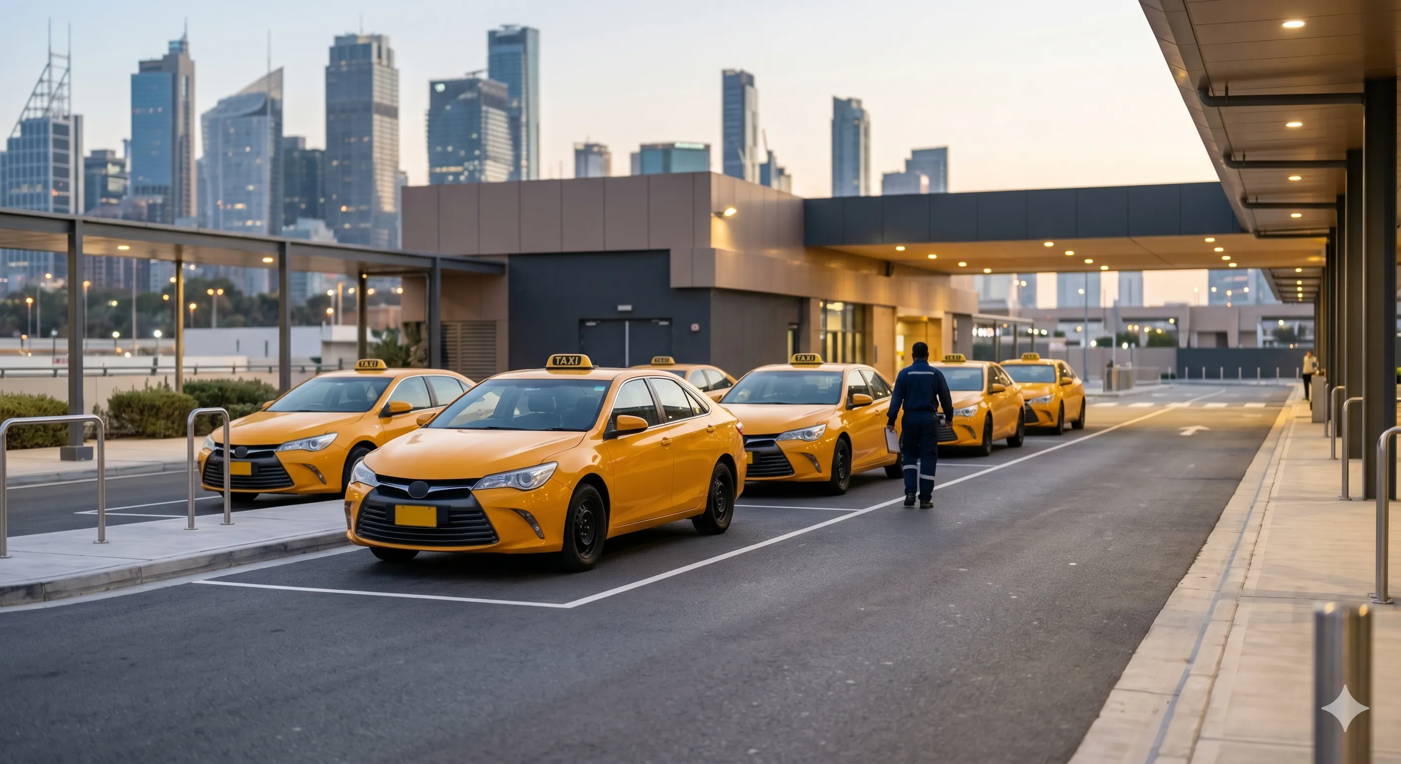 Flota de taxis amarillos alineados en una terminal urbana